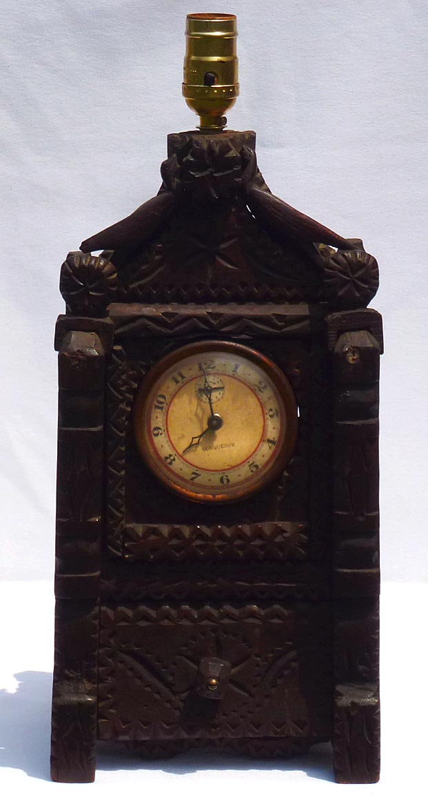 Tramp art lamp with clock and drawer