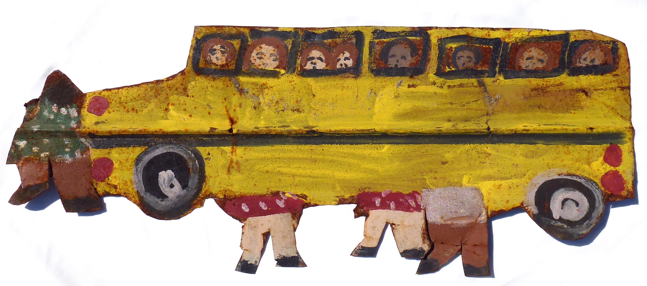 Painted Metal School Bus Scene by Betty Sue Matthews