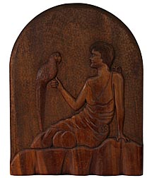 Relief carving of woman and parrot